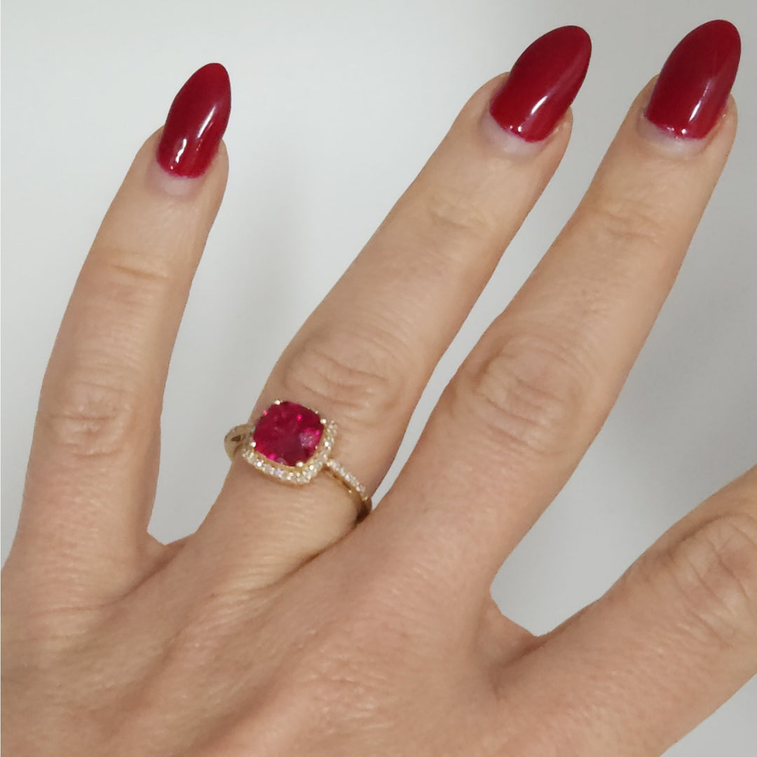 Vintage 14k Cushion Cut Ruby & Diamond Halo  Ring size 6.75