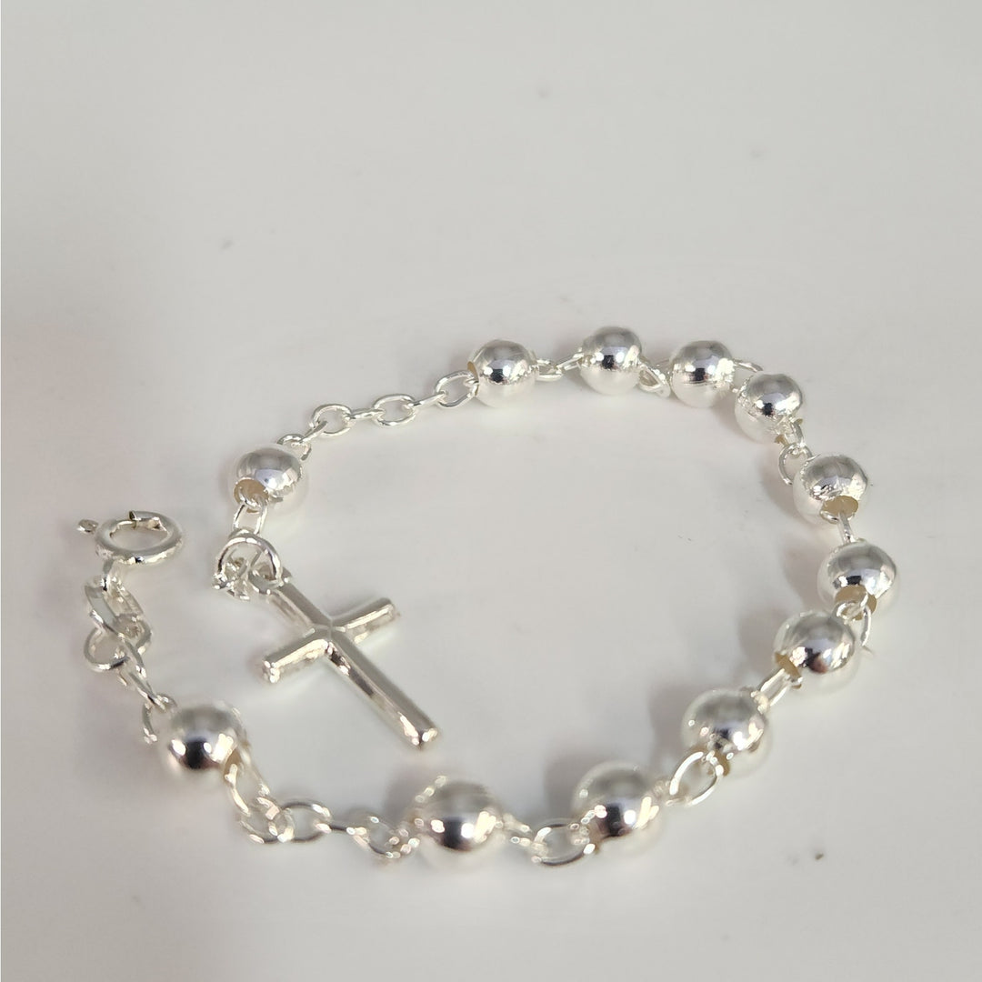 925 Sterling Silver Rosary Bead Cross Bracelet 7.5"