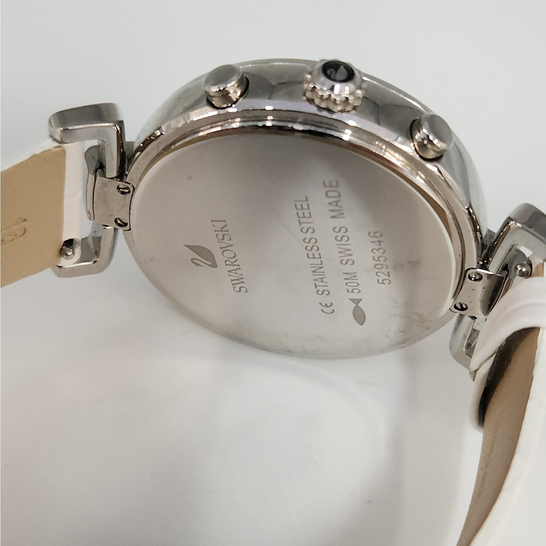 Swarovski Crystal Chronograph Stainless Steel White Leather Strap Watch