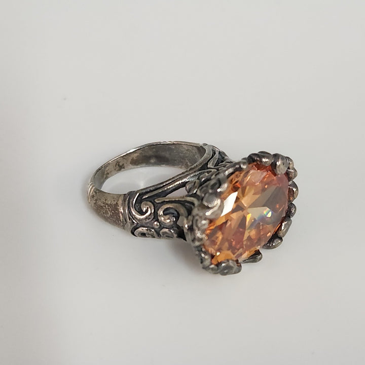 Antique Style Sterling Silver Ring Featuring A Brilliant Natural Golden Citrine