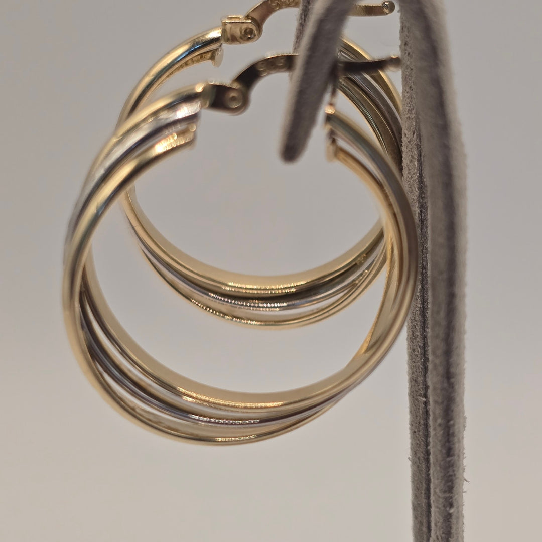14K Yellow Gold Two-Tone Textured Hoop Earrings 3.8g Classic Stylish Premium New