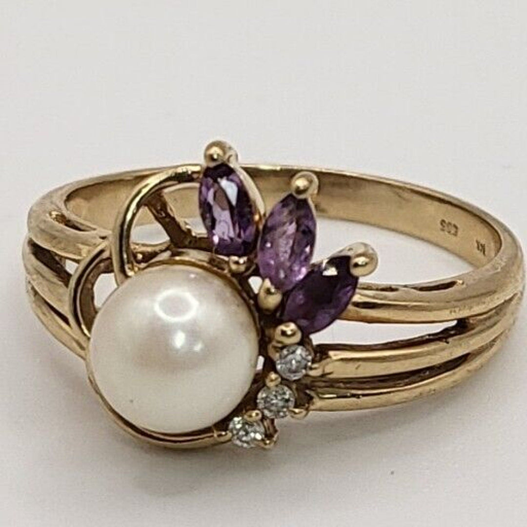 14K Yellow Gold Vintage Pearl Amethyst Diamond Ring - 3.8 gms, Sz 7.5