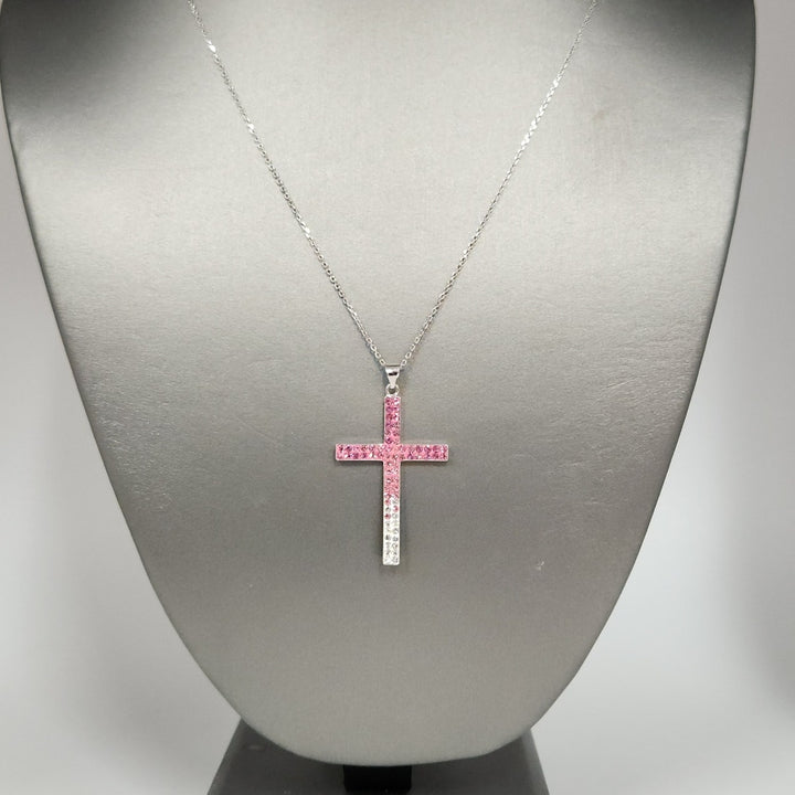 925 Sterling Silver Pink & White Crystal Cross Pendant Necklace 18"