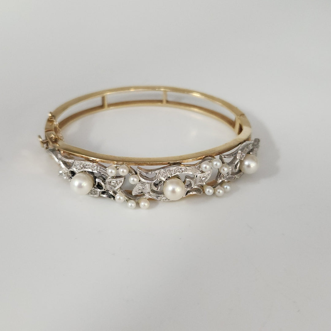 Vintage 14k Two Tone Gold Diamond Pearls Bangle Bracelet
