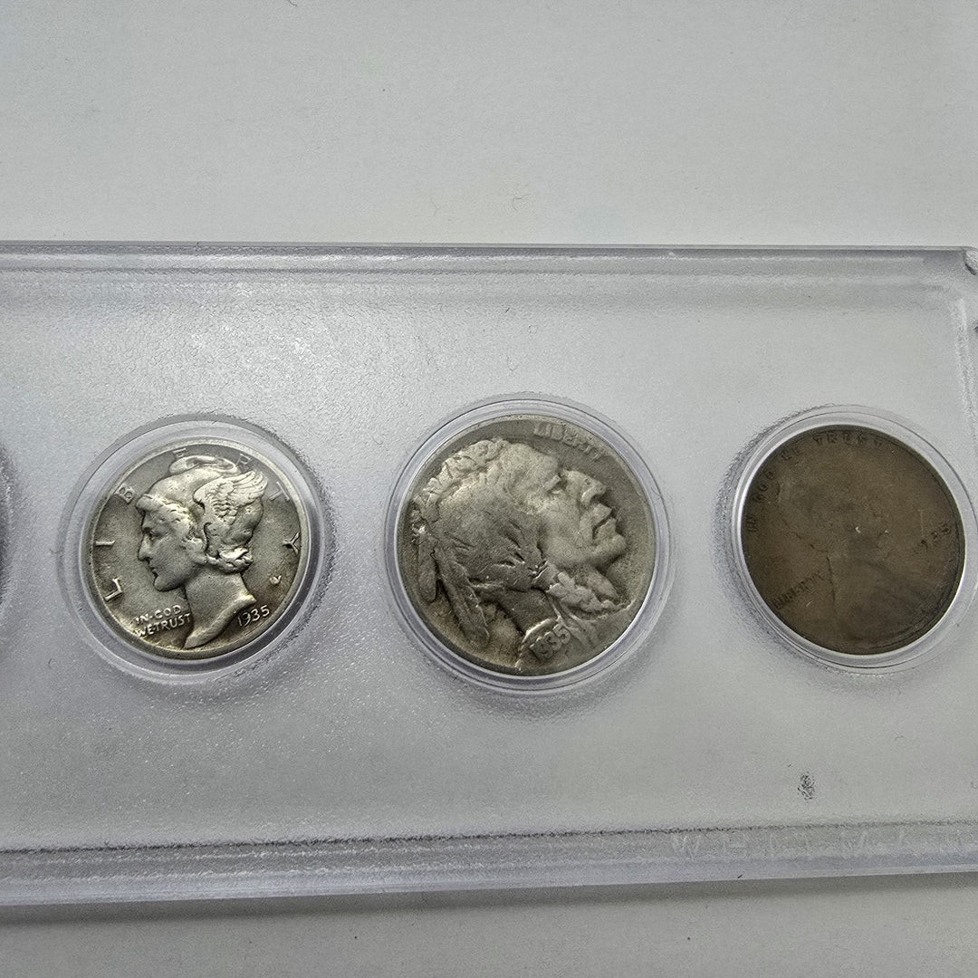 1935 Birth Year Set, Lot Of 5 coins, 90% Silver half dollar, quarter & dime