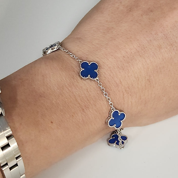 925 Sterling Silver Blue Flowers Bracelet 7.5"