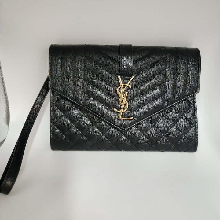 Saint Lauren YSL Black Quilted Envelope Wallet /Crossbody Bag W/ Gold Hardware