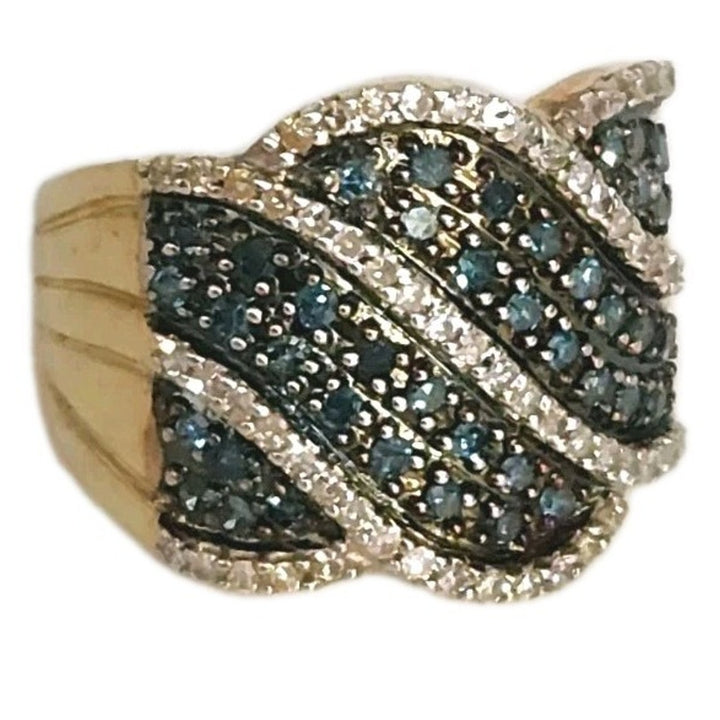 Vintage 10k Yellow Gold Blue And White Diamond Ring Size 6.75