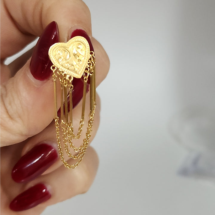 Vintage 18k Yellow Gold Heart Tassel Dangle Earrings