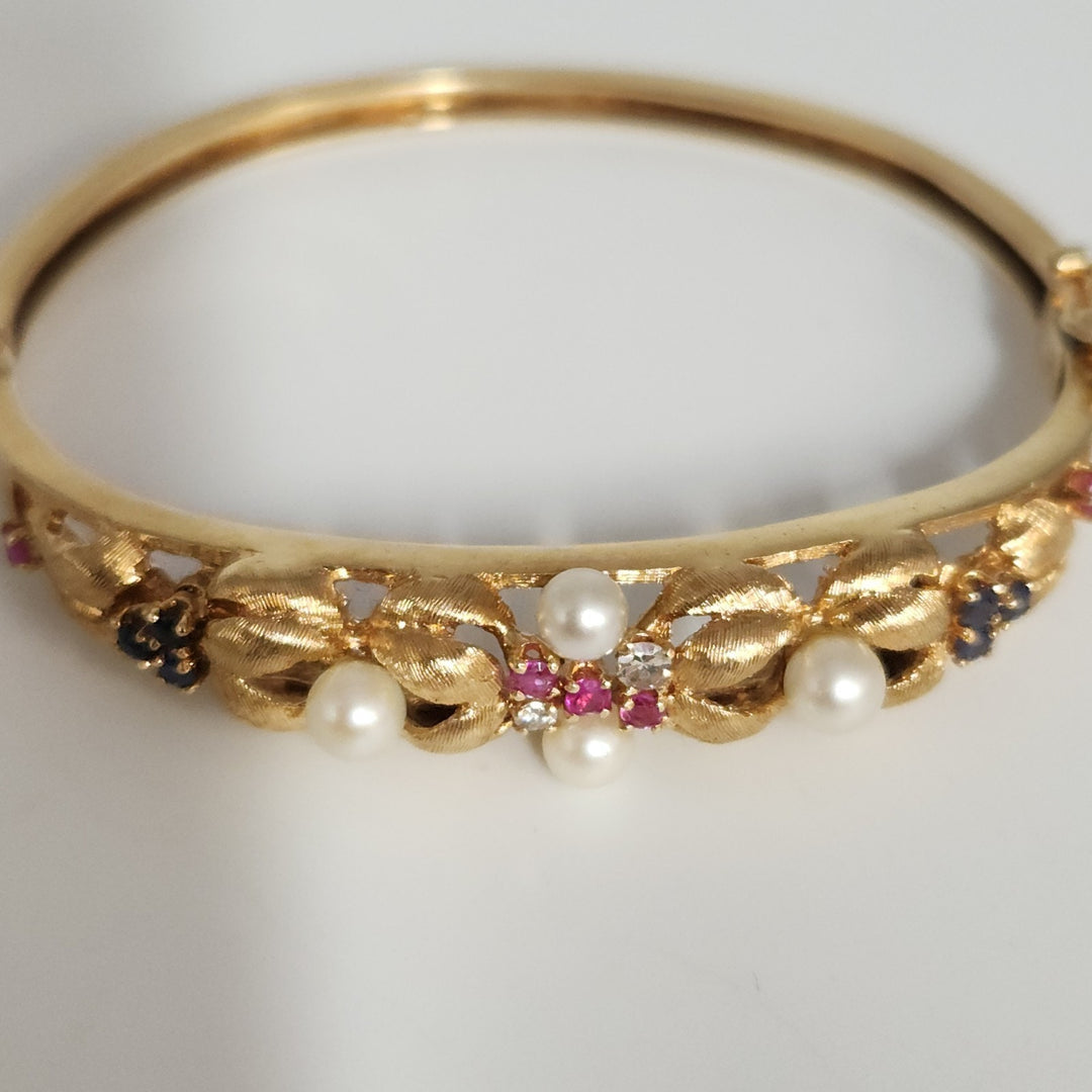 Antique 14k Yellow Gold Diamond,Pearls,Ruby &Sapphire Bangle Bracelets