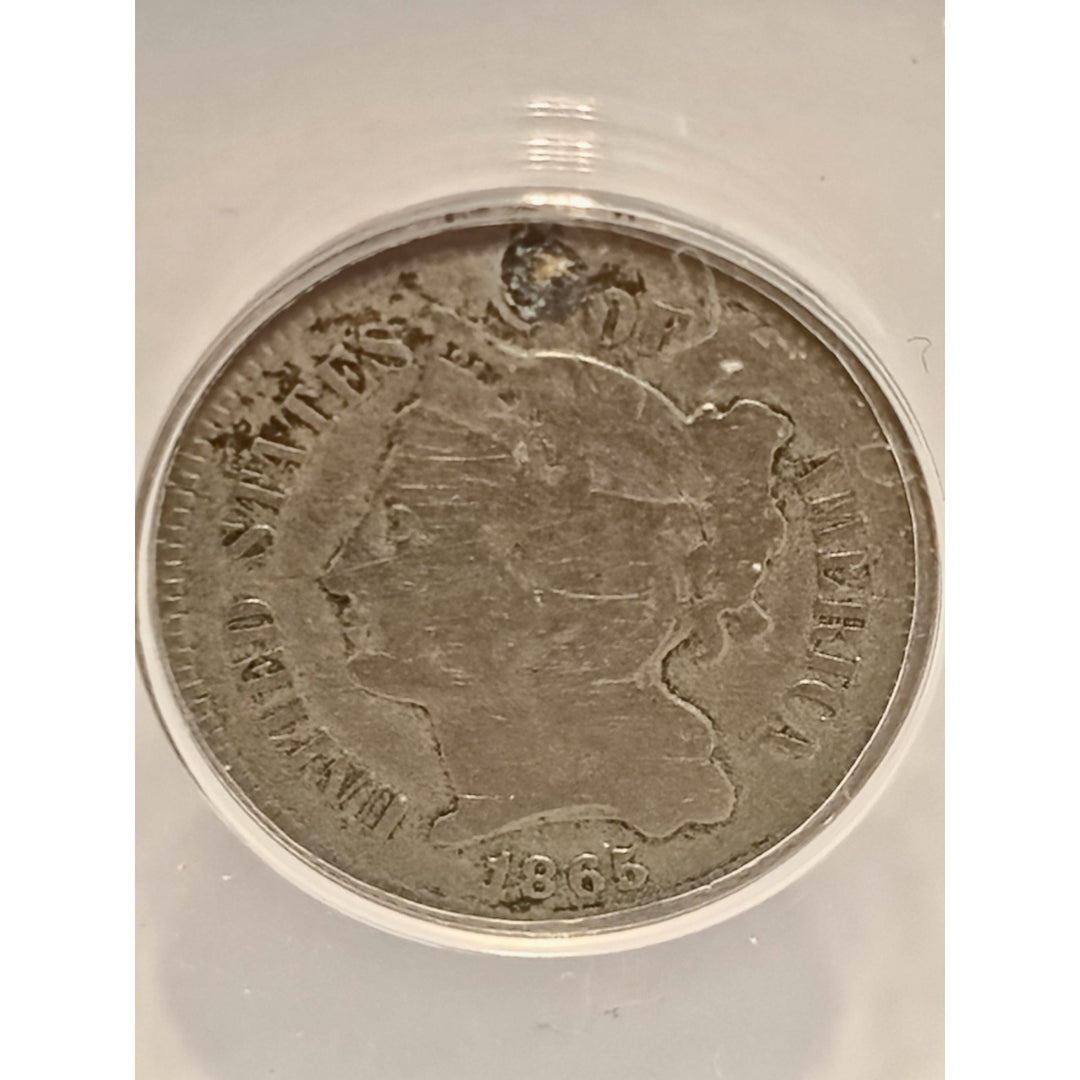 1865 CN3C Three Cent Nickel Three-Cent Piece ANACS VG 8 Details Plugged, Cleaned