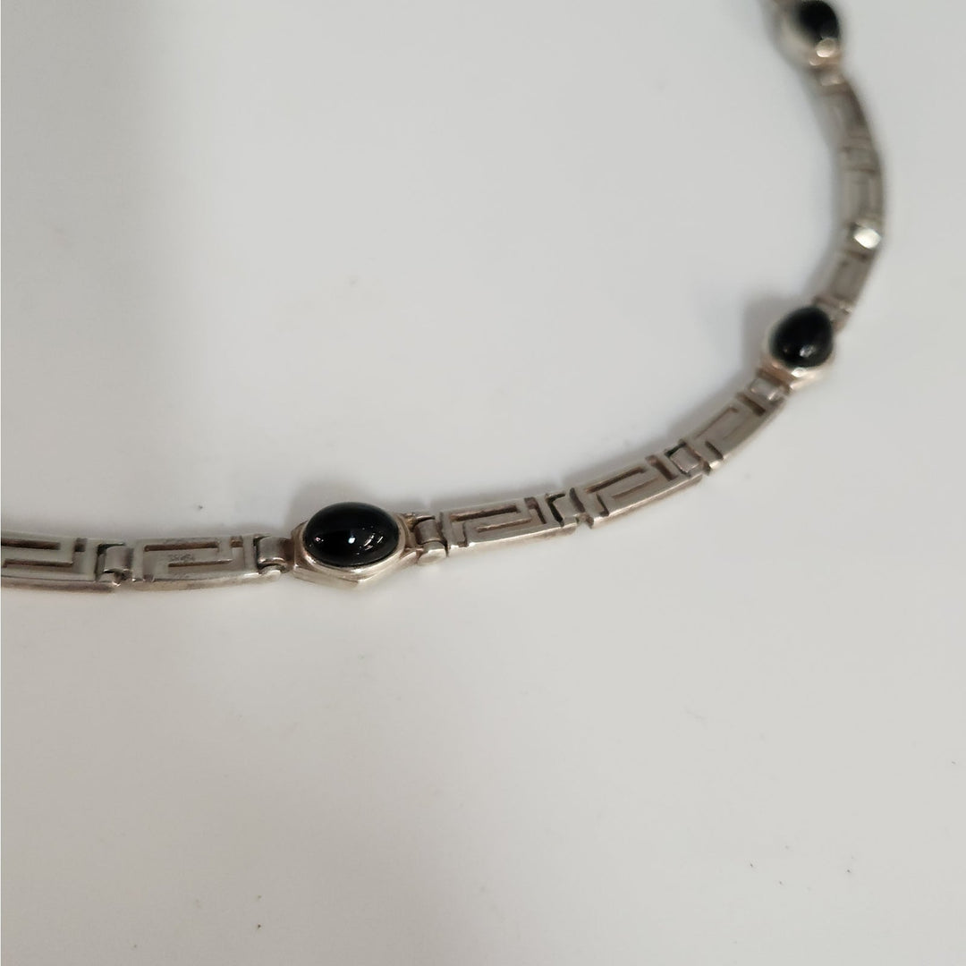 925 Sterling Silver Black Onyx Greek Key Link Necklace 16"