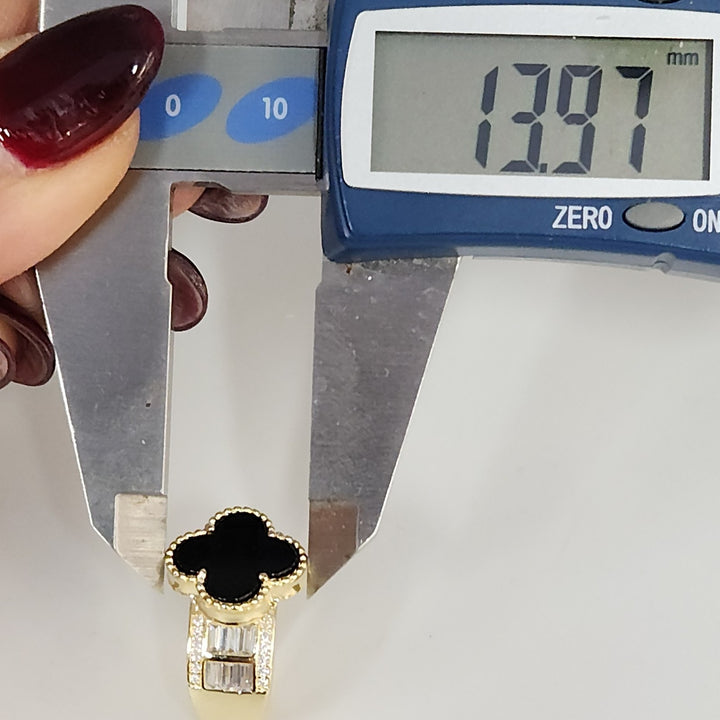 Luxury 925 Silver Gold Plated Onyx Clover Ring With Zirconia Stones Size 6