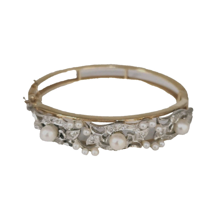 Vintage 14k Two Tone Gold Diamond Pearls Bangle Bracelet