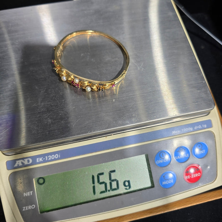 Vintage 14K Yellow Gold Pearl Ruby Sapphire Floral Hinged Bangle 15.6g