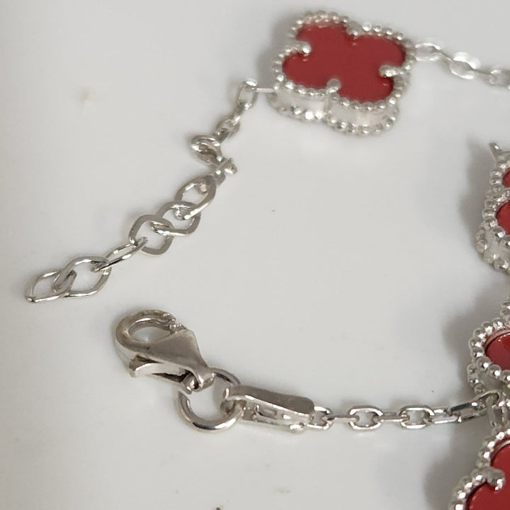 Elegant Silver Red Floral Charms Bracelet 7.5"