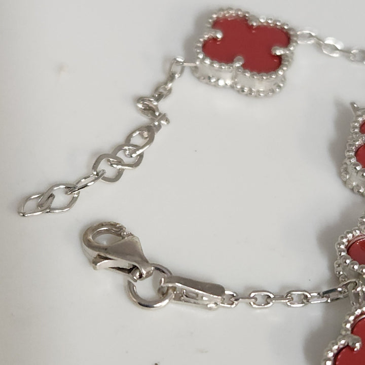 Elegant Silver Red Floral Charms Bracelet 7.5"