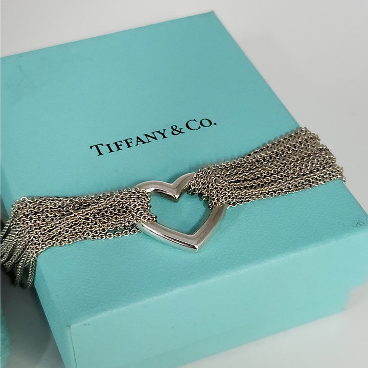 Tiffany & Co. Sterling Silver Multi-chain Heart Bracelet With Box & Pouch