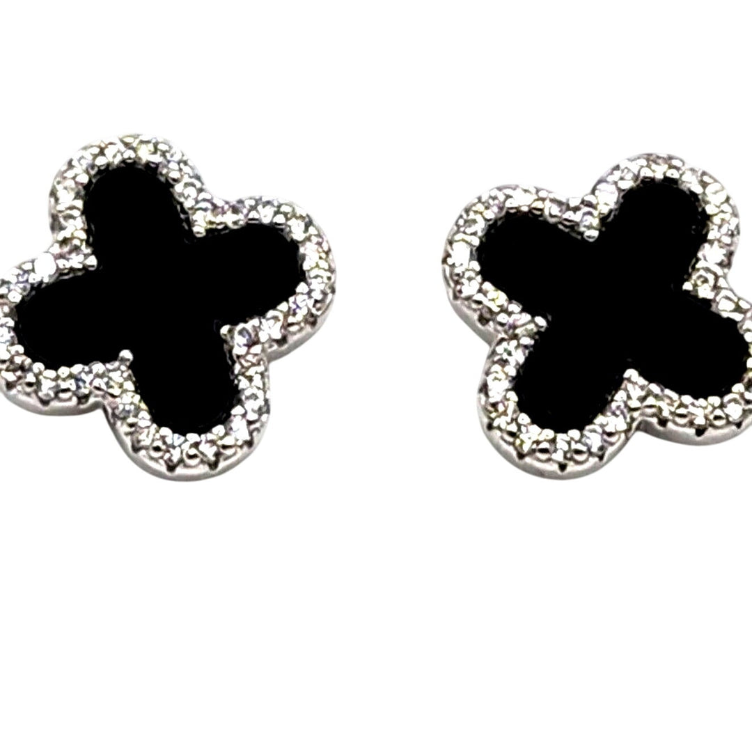 Stunning 925 Sterling Silver Onyx Zirconia Flowers Stud Earrings A