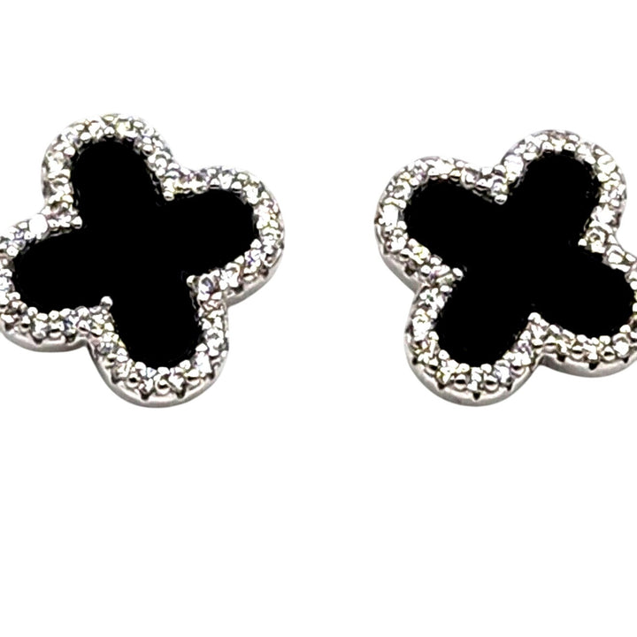 Stunning 925 Sterling Silver Onyx Zirconia Flowers Stud Earrings A