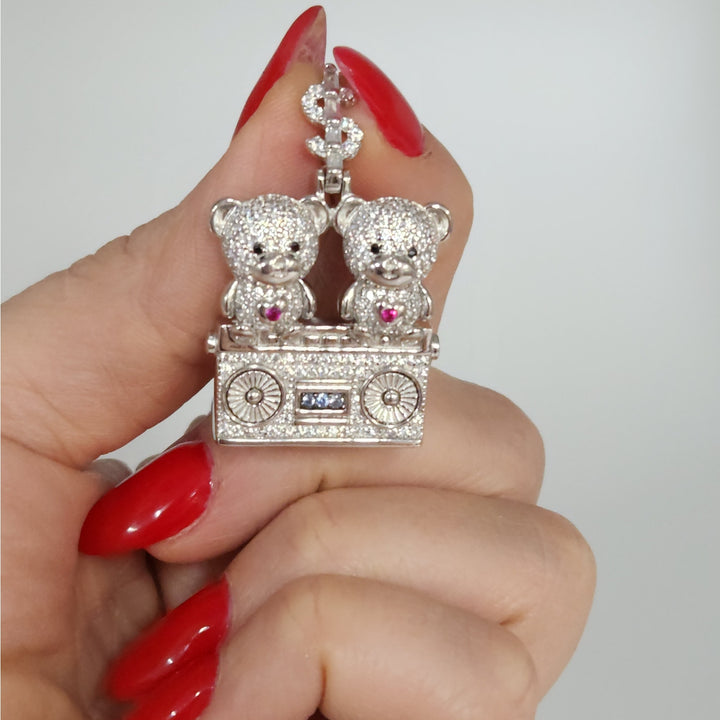 925 Sterling Silver Double Teddy Bear Pendant W/ CZ Accents And Dollar Sign Bail