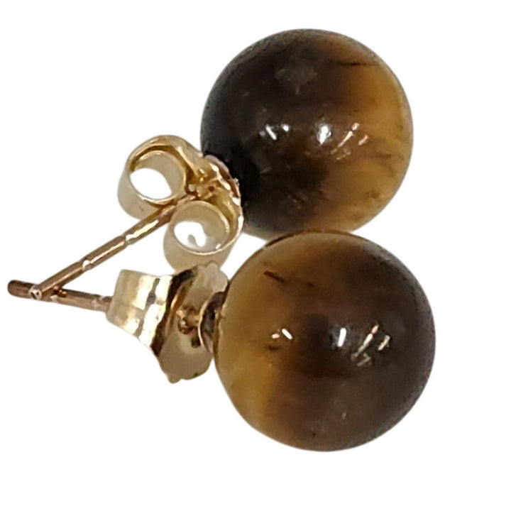 14k Yellow Gold Tiger's Eye Round Ball Stud Earrings