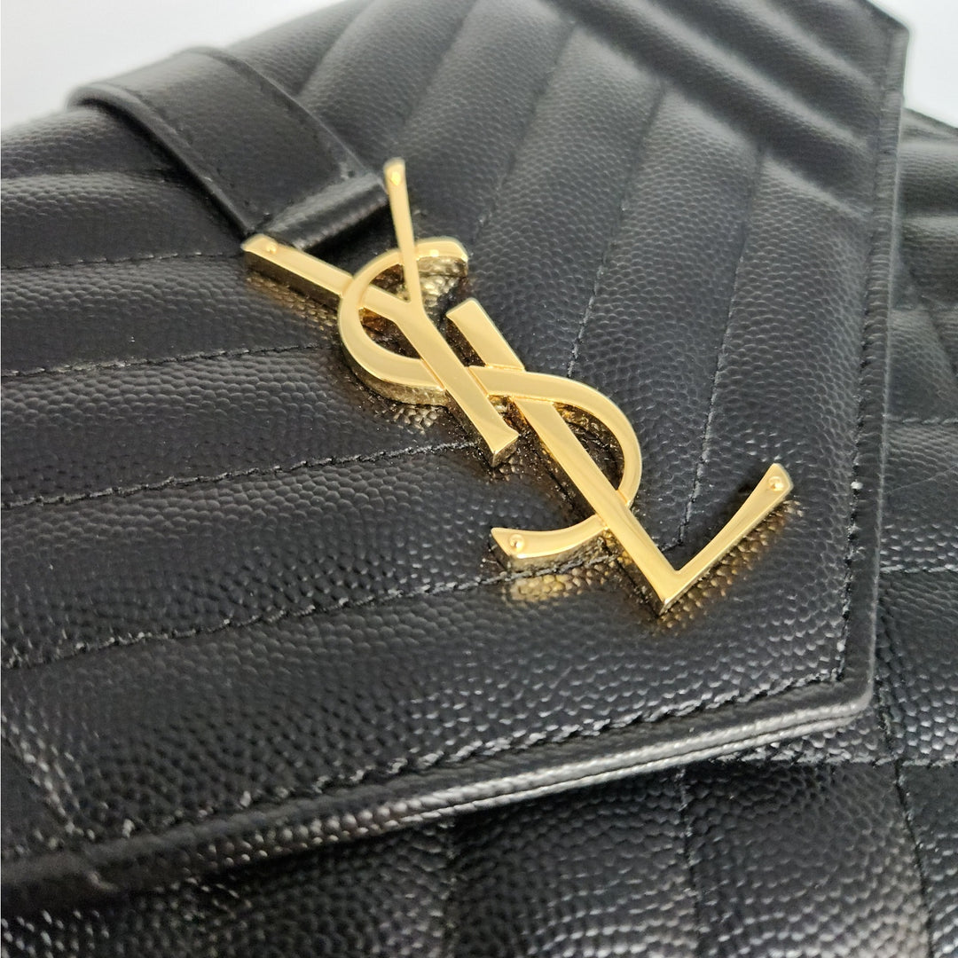 Saint Lauren YSL Black Quilted Envelope Wallet /Crossbody Bag W/ Gold Hardware