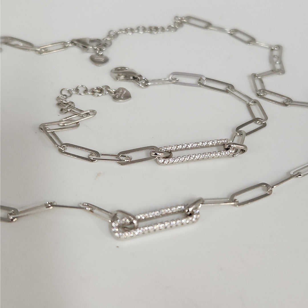 925 Sterling Silver Paperclip Link Necklace & Bracelet Set with CZ Accents