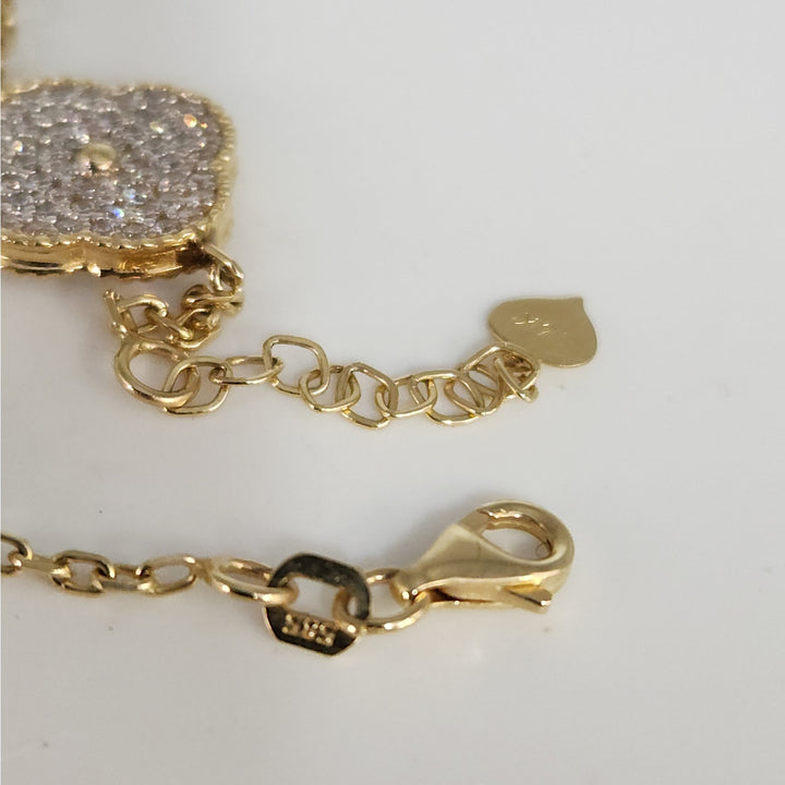 Fashion 14k Gold And Zirconia Solid Flower Clover Bracelet 7.5”