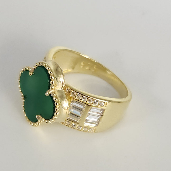 Luxury Gold Plated 925 Silver Clover Ring With Natural Malachite And Zirconia...