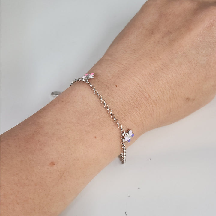 925 Sterling Silver Multi - Color butterfly charm Adjustable Bracelet 8"