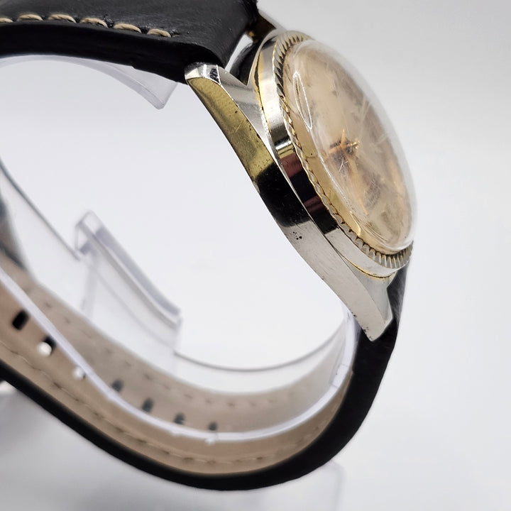 Genova De Luxe 21 Jewels Mechanical Watch Fluted Bezel & Black Leather Strap