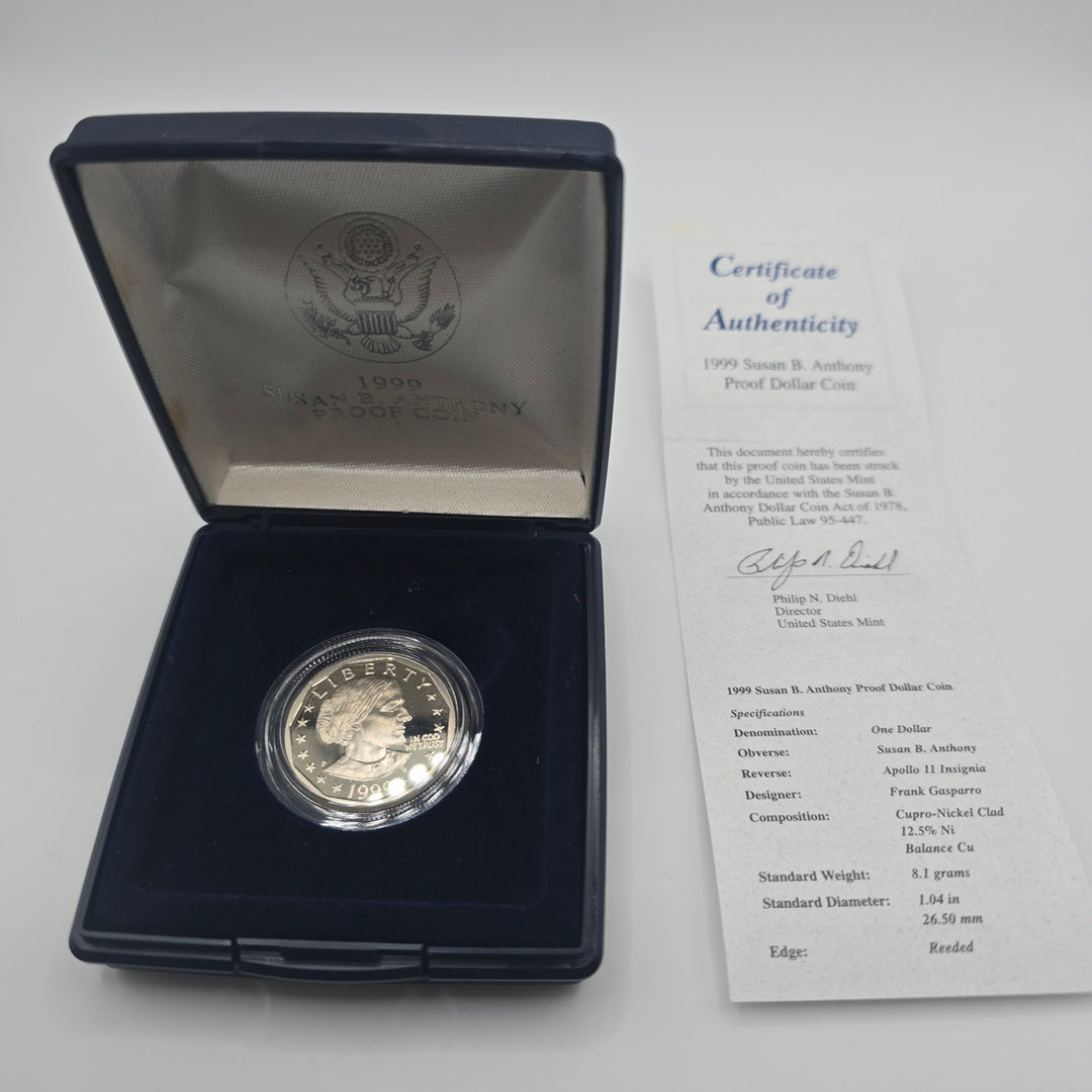 1999-P Susan B. Anthony Proof Dollar Coin – Original US Mint Box & COA