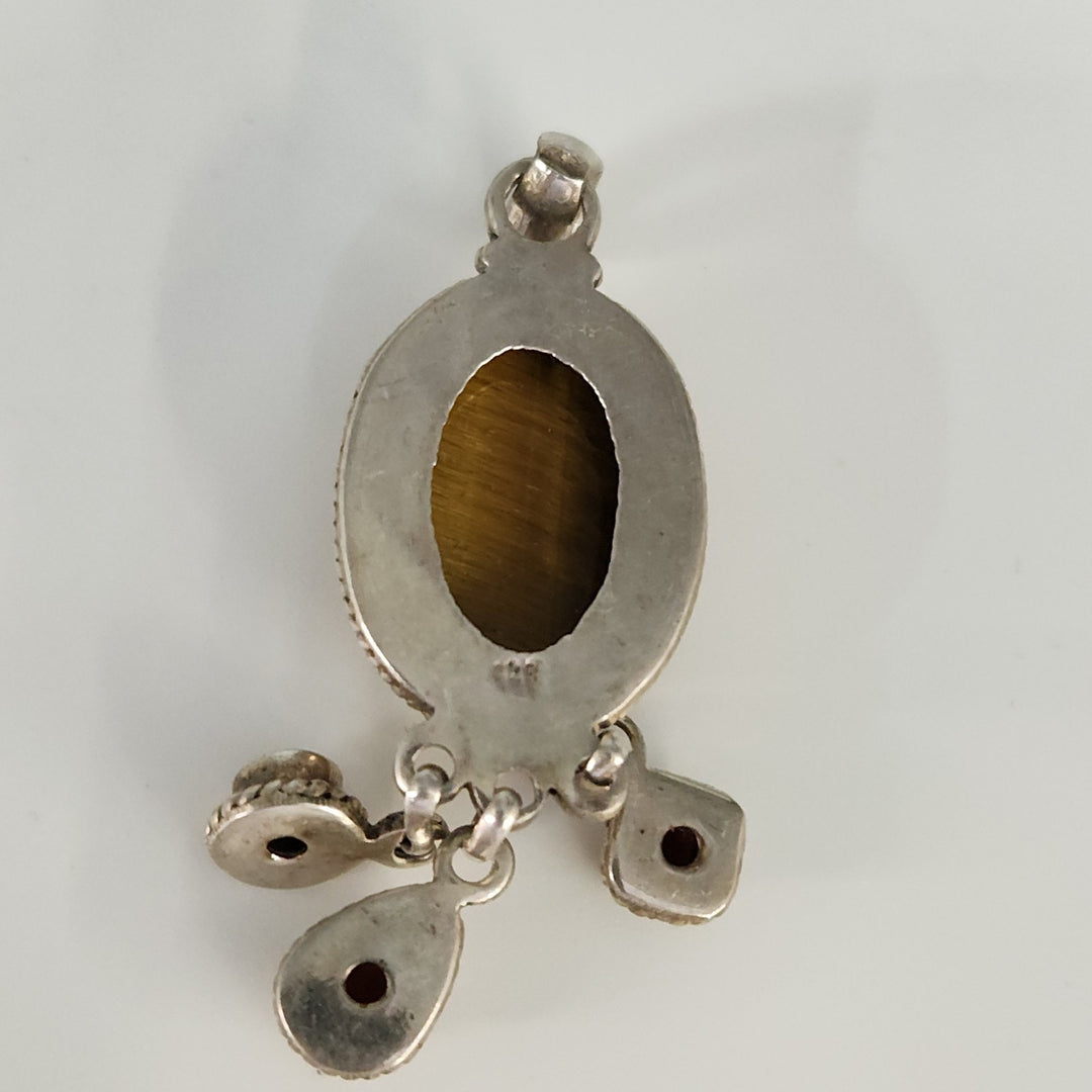 Vintage 925 Silver Golden Tiger's Eye Boho & Natural Garnet Dangle Pendant