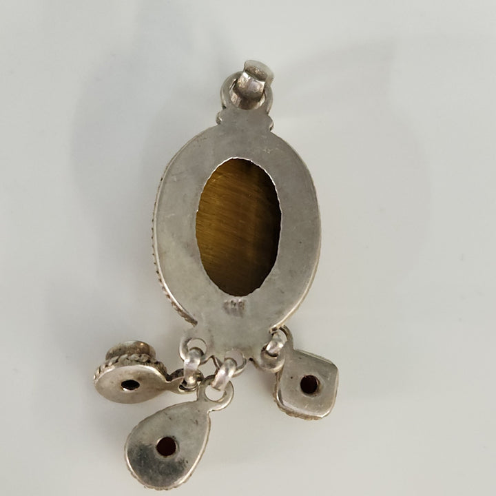 Vintage 925 Silver Golden Tiger's Eye Boho & Natural Garnet Dangle Pendant