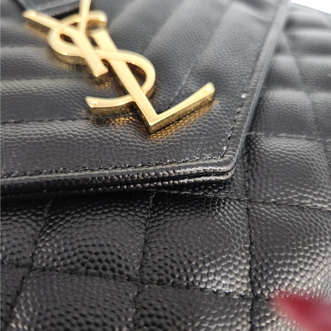 Saint Lauren YSL Black Quilted Envelope Wallet /Crossbody Bag W/ Gold Hardware