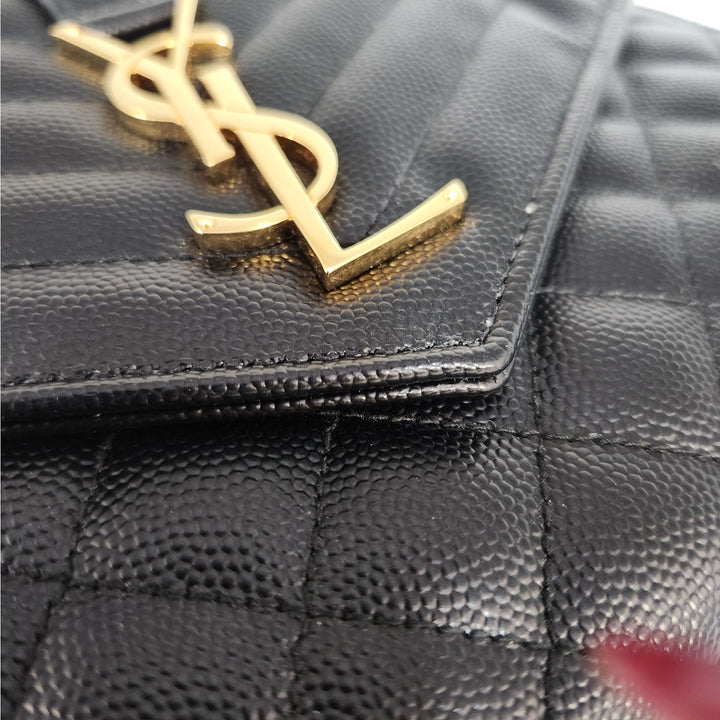 Saint Lauren YSL Black Quilted Envelope Wallet /Crossbody Bag W/ Gold Hardware