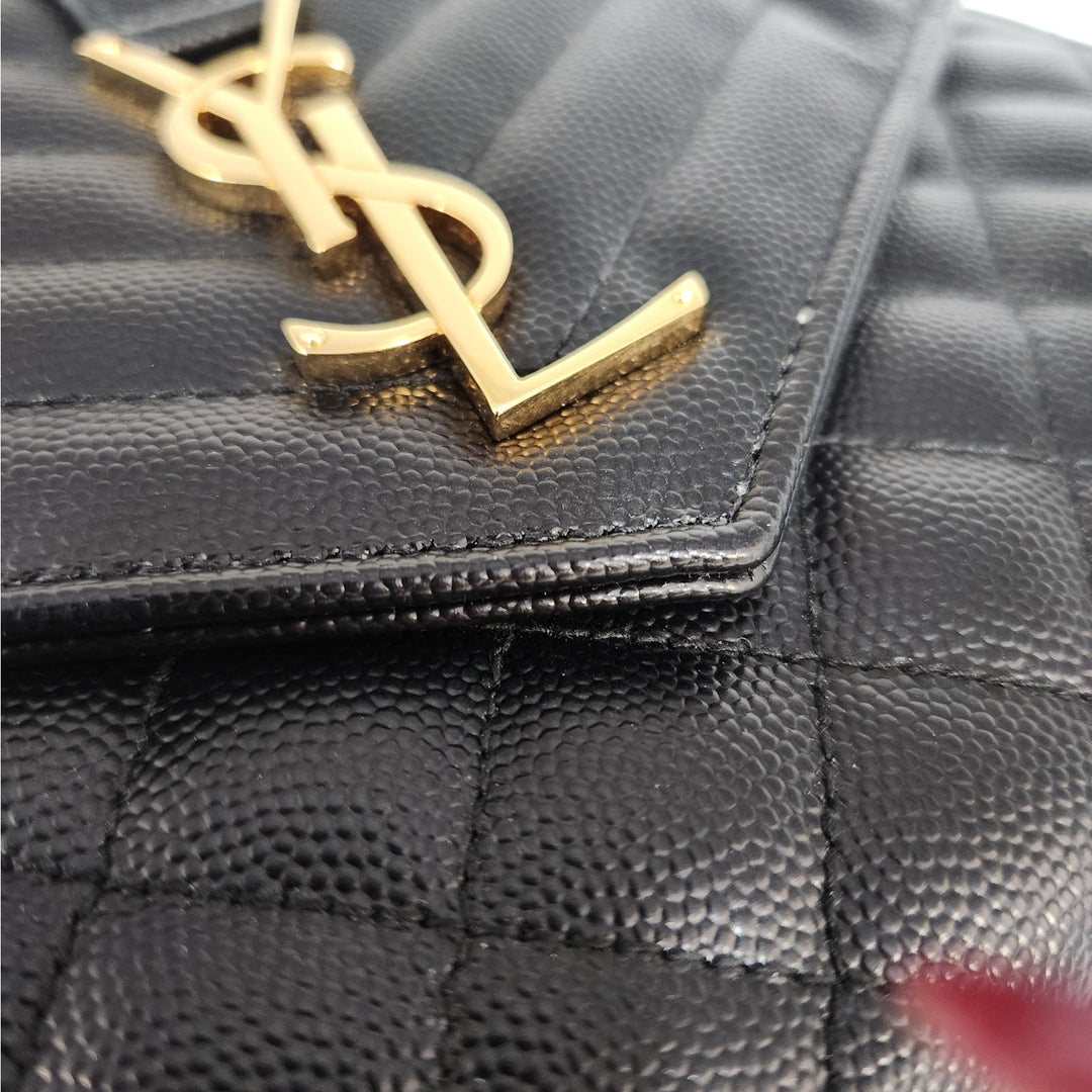 Saint Lauren YSL Black Quilted Envelope Wallet /Crossbody Bag W/ Gold Hardware