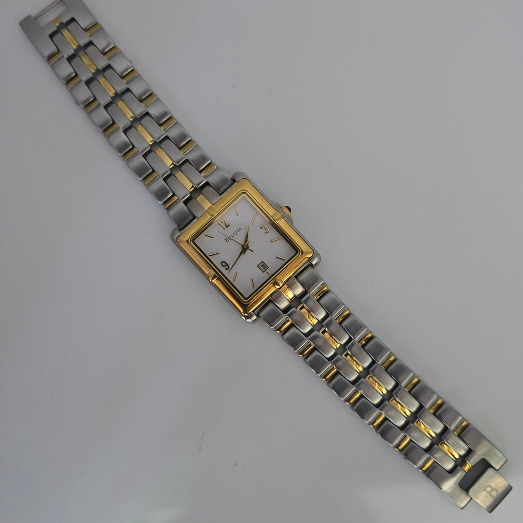 Bulova 98G60 Men's Two Tone Stainless Quartz Square Date Watch Japan Mvt w/ Box.