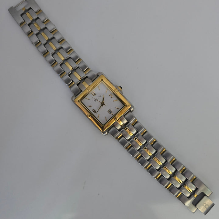 Bulova 98G60 Men's Two Tone Stainless Quartz Square Date Watch Japan Mvt w/ Box.