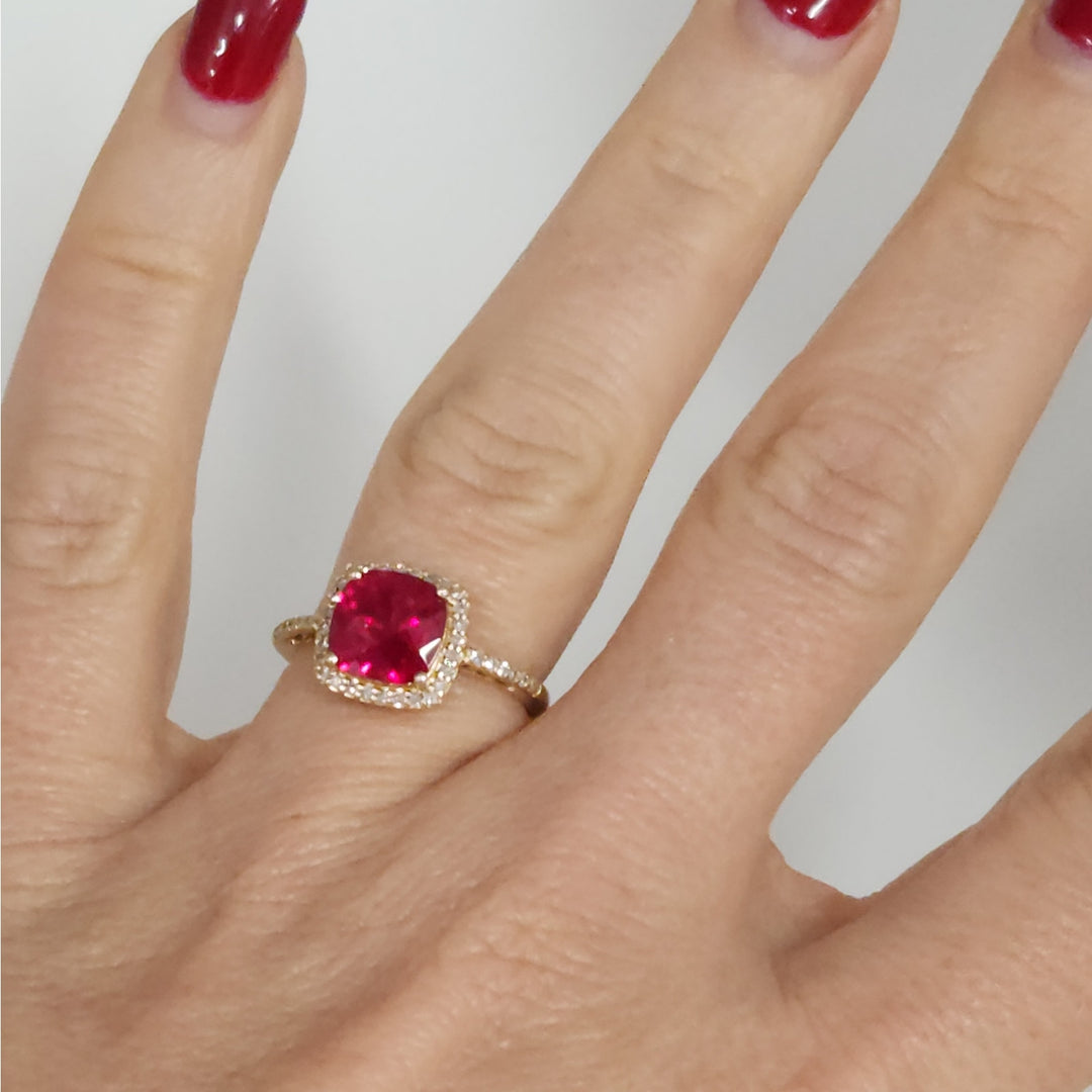 Vintage 14k Cushion Cut Ruby & Diamond Halo  Ring size 6.75