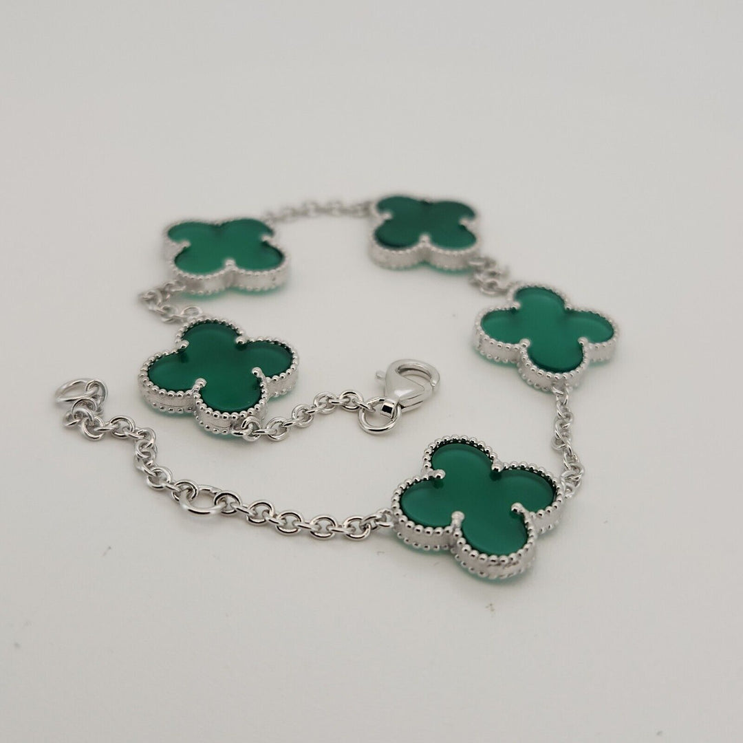 925 Sterling Silver Green Flowers Bracelet 8.2"