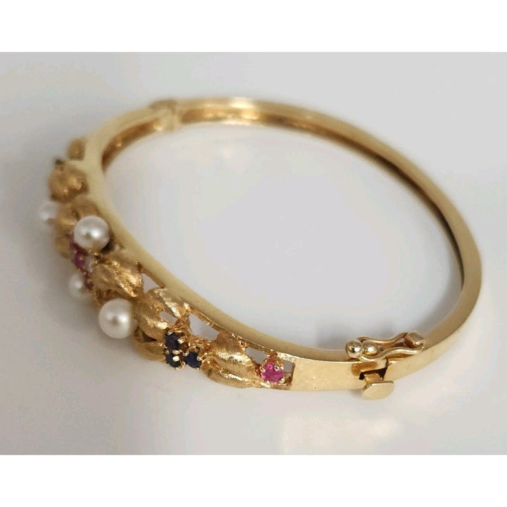 Antique 14k Yellow Gold Diamond,Pearls,Ruby &Sapphire Bangle Bracelets