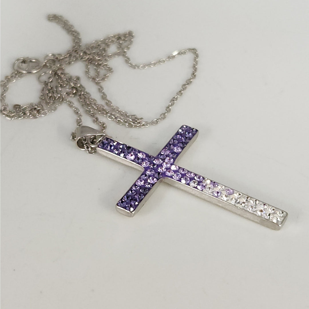 925 Sterling Silver Purple & White Crystal Cross Pendant Necklace18"