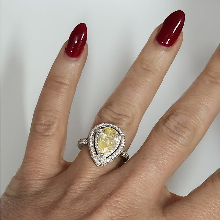 925 sterling silver Pear cut Yellow stone & zirconia Halo  Ring size 9