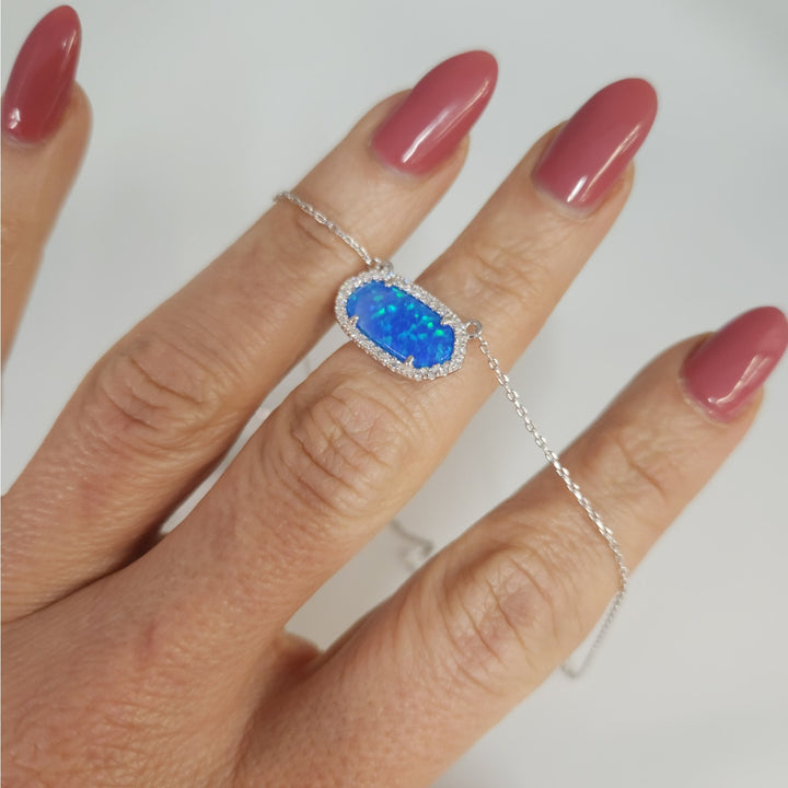 925 Sterling Silver Blue Opal & CZ jewelry set Necklace & Matching Earrings