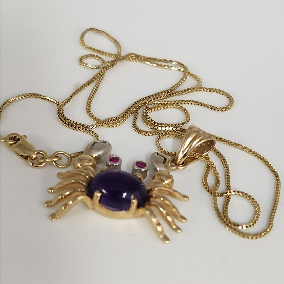 10K Yellow Gold Crab Pendant with purple Cabochon Pink Stone Accents with necklace 18"