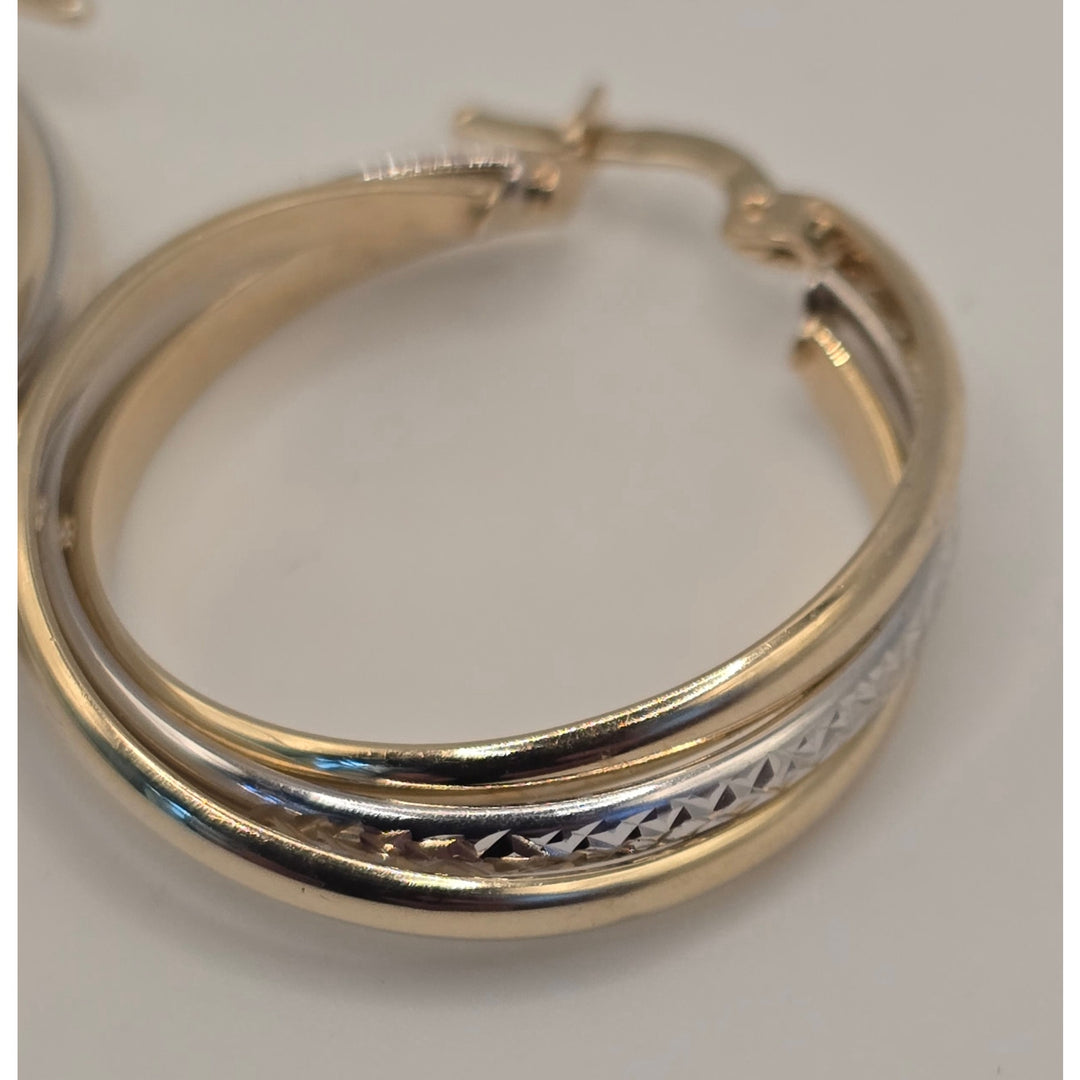 14K Yellow Gold Two-Tone Textured Hoop Earrings 3.8g Classic Stylish Premium New
