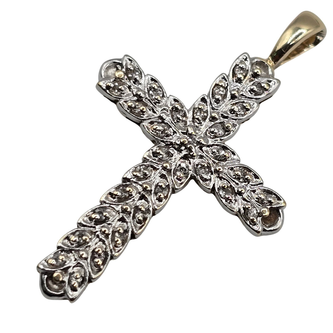 10K Yellow & White Gold Diamond Cross Pendant 2.2 Grams