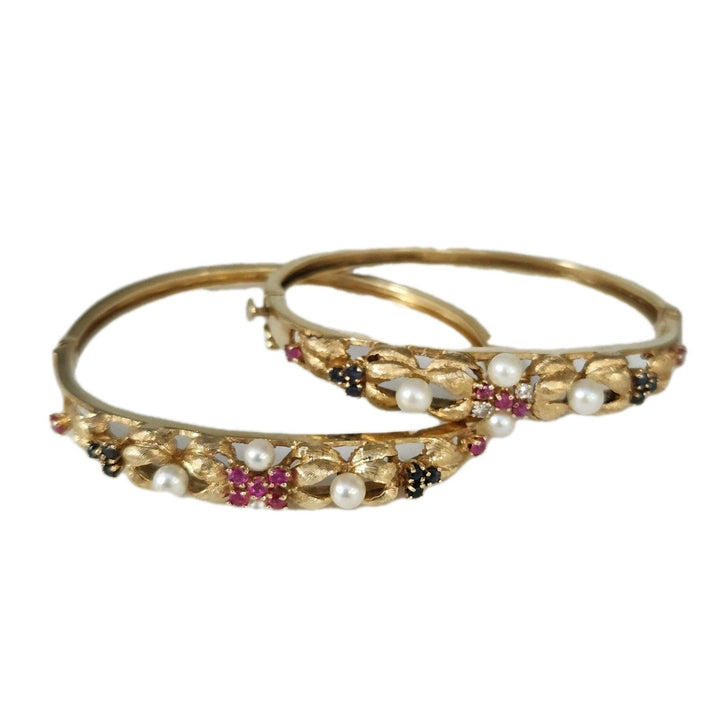 Set Of Antique 14k Yellow Gold Diamond,Pearls,Ruby &Sapphire Bangle Bracelets